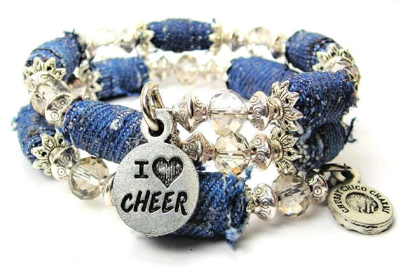 I Love Cheer Blue Jean Beaded Wrap Bracelet