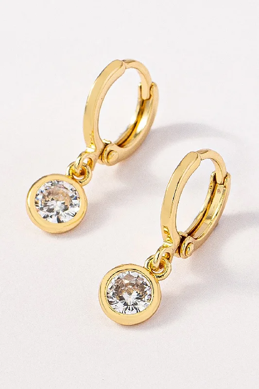 Round CZ Drop Gold Huggie Hoop Earrings