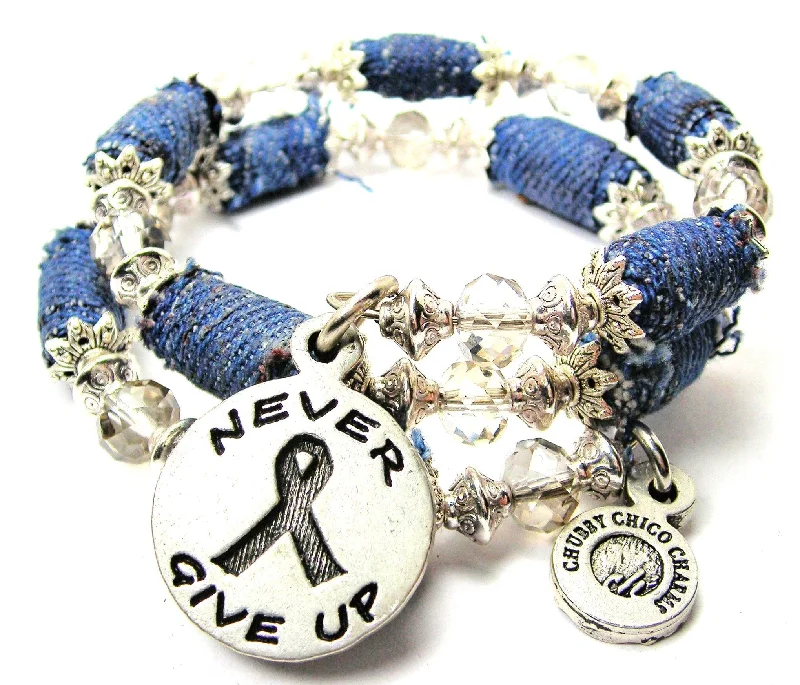 Never Give Up With Awareness Ribbon Blue Jean Beaded Wrap Bracelet