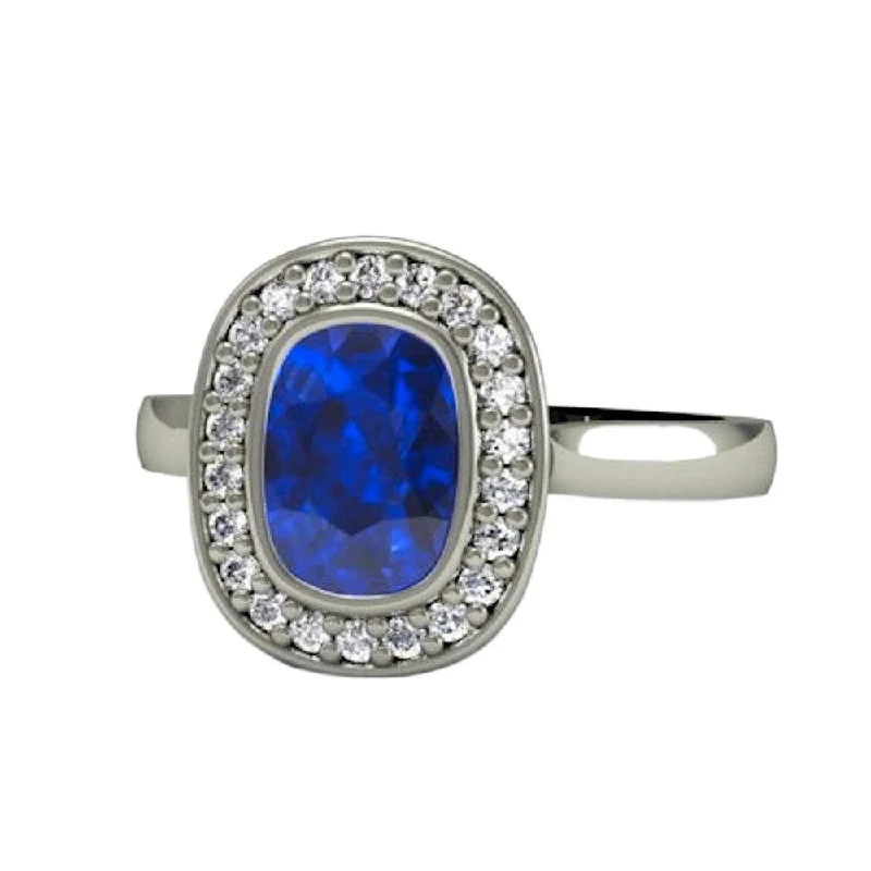 Cushion Blue Sapphire Engagement Ring Bezel Set Diamond Halo