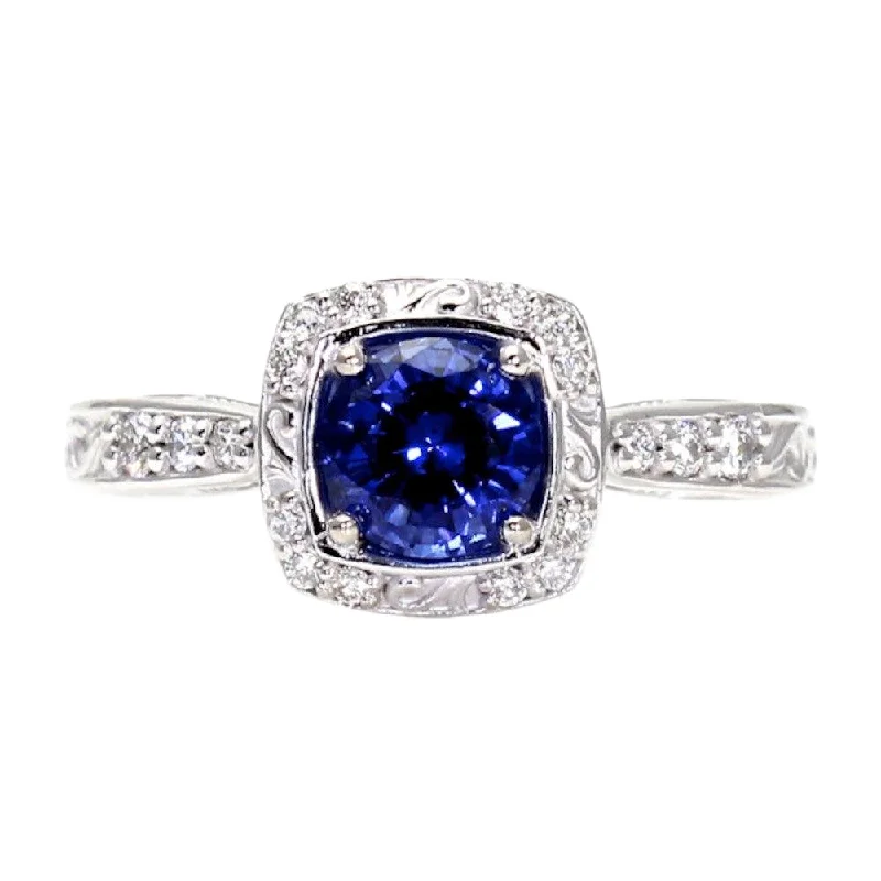 Blue Sapphire Engagement Ring Art Deco Style Diamond Halo