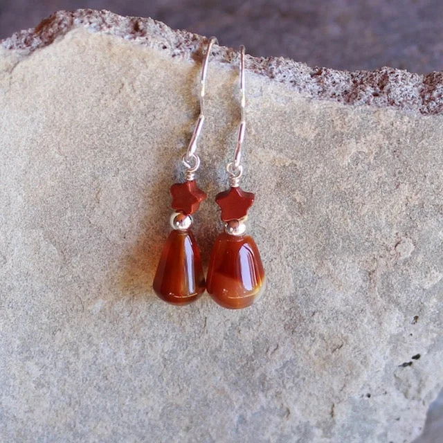 Red agate drop earrings with red jasper star beads