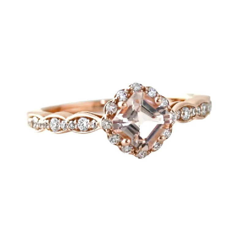 Rose Gold Asscher Morganite Engagement Ring Vintage Style Diamond Halo