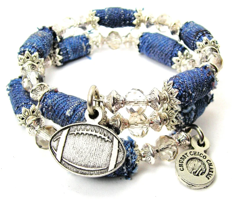 Detailed Football Blue Jean Beaded Wrap Bracelet