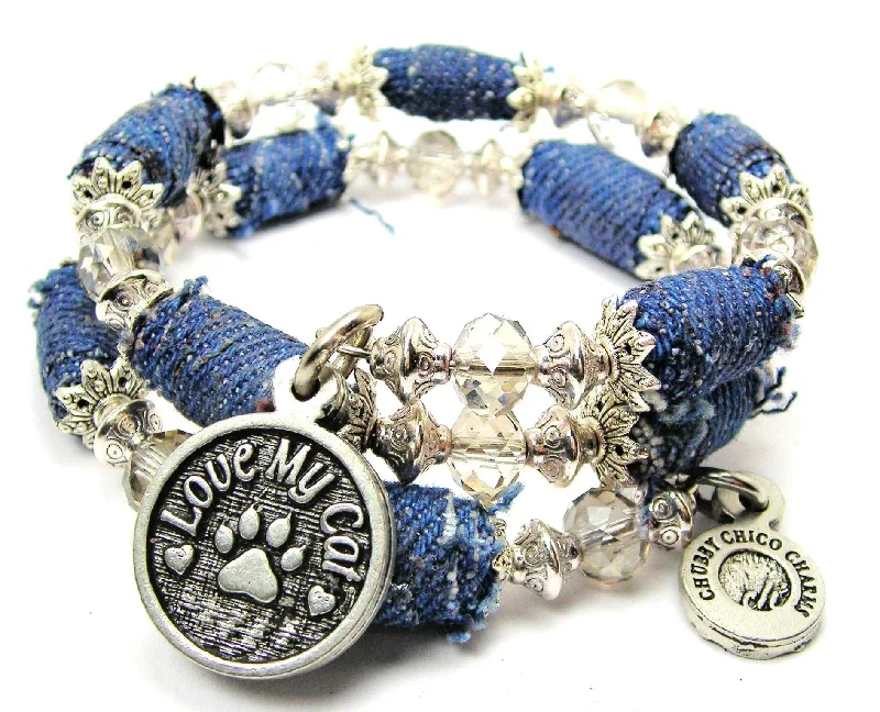 Love My Cat Blue Jean Beaded Wrap Bracelet