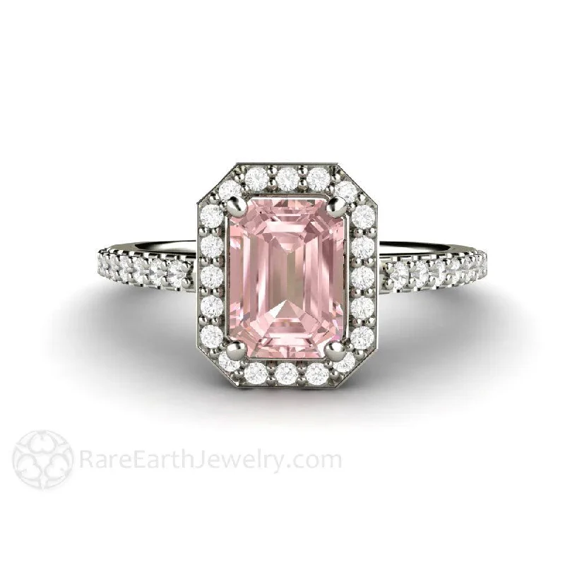 Radiant Emerald Cut Pink Moissanite Engagement Ring Pave Diamond Halo