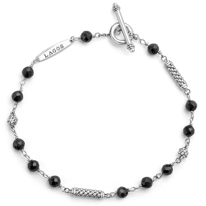 LAGOS Black Ceramic Beaded "Caviar Icon" Bracelet in Sterling Silve