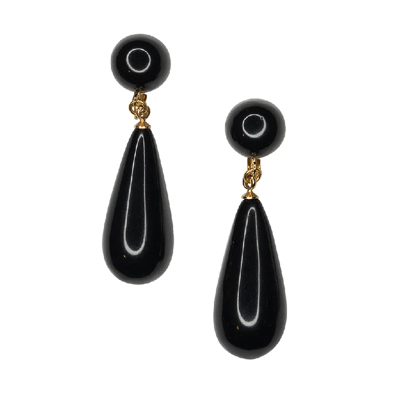 Black Teardrop Pierced or Clip Earrings