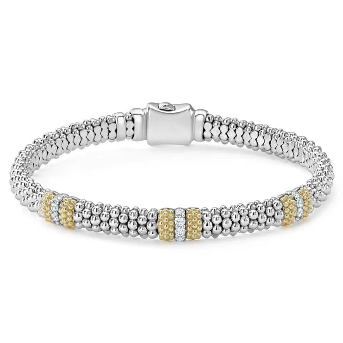 LAGOS Caviar Lux Three Station Diamond Bracelet in Sterling Silver and 18K Yellow Gold