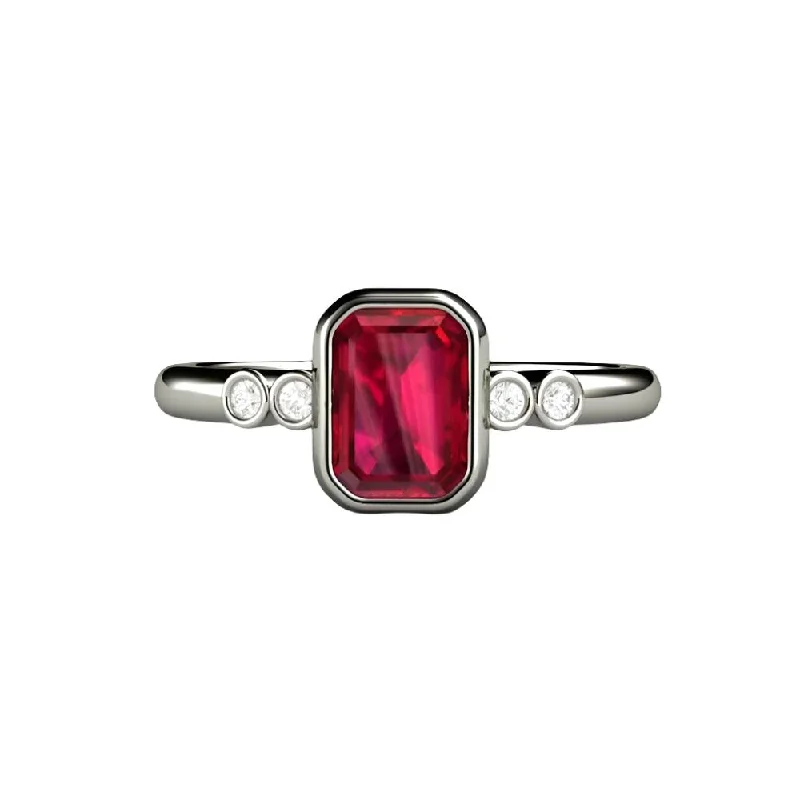 Ruby Engagement Ring Emerald Cut Bezel Set Solitaire with Diamonds