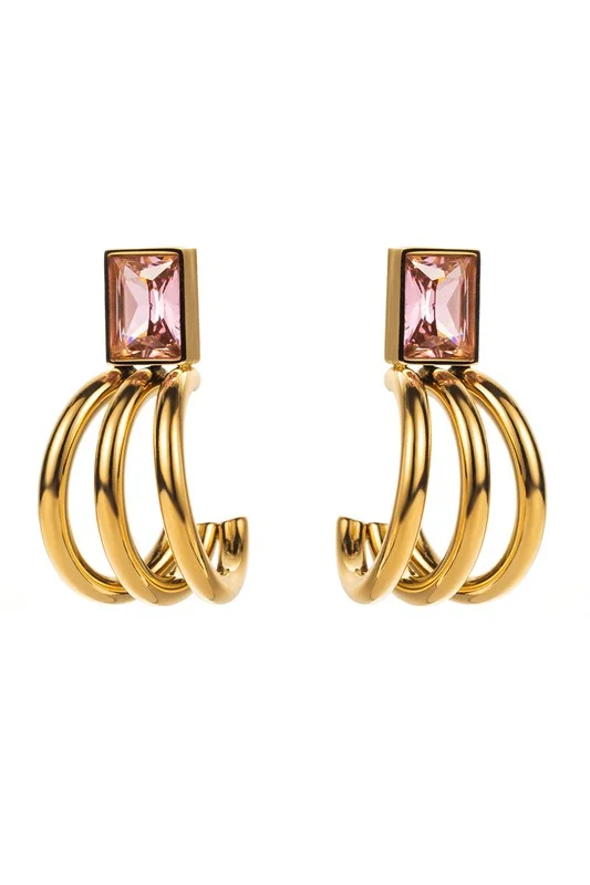 Gold Plated Pink Zirconia Claw-Shaped Hoop Earrings