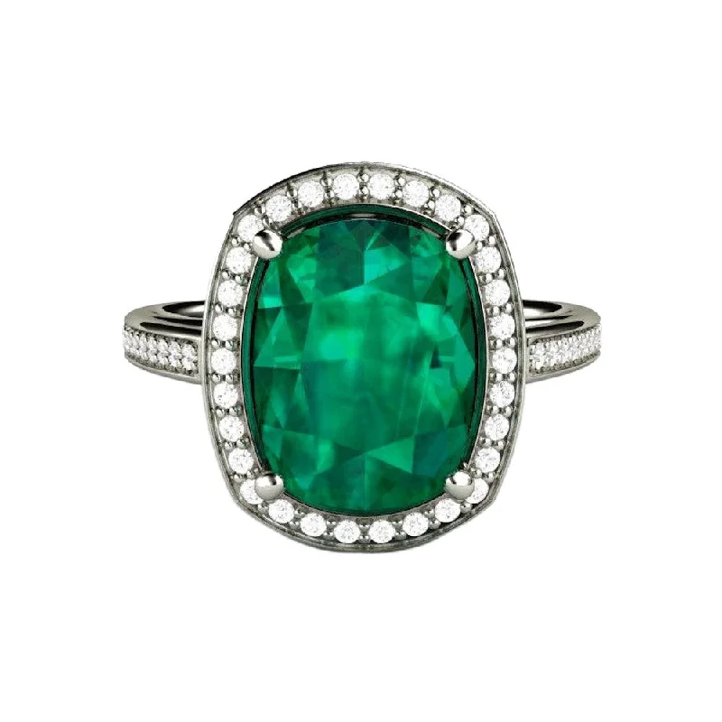 Large Emerald Cushion Cut Engagement Ring with Diamond Halo