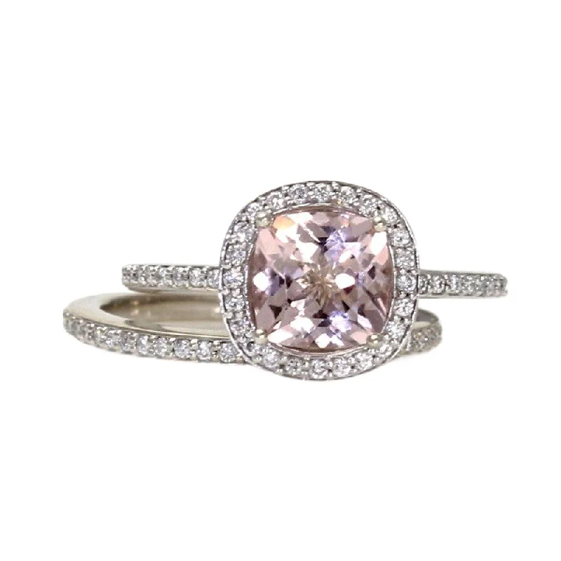 Cushion Cut Morganite Engagement Ring Diamond Halo