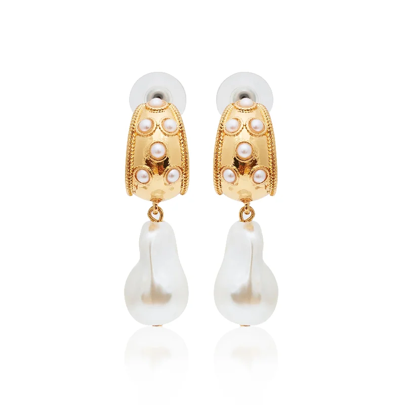 Gold Half Hoop Pearl Drop Pierced Earrings