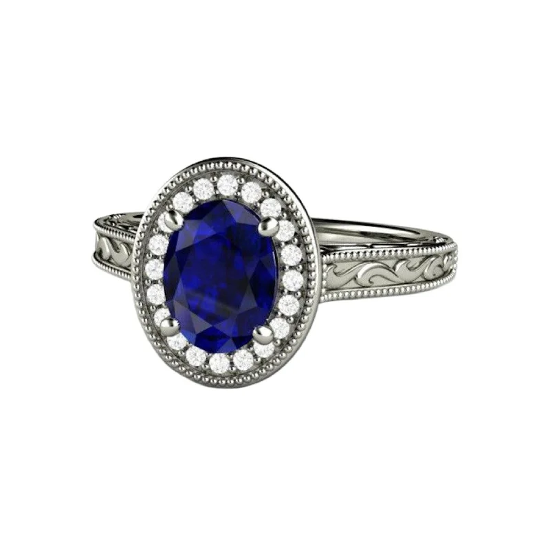 Art Deco Blue Sapphire Engagement Ring | Oval Halo with Filigree and Diamonds