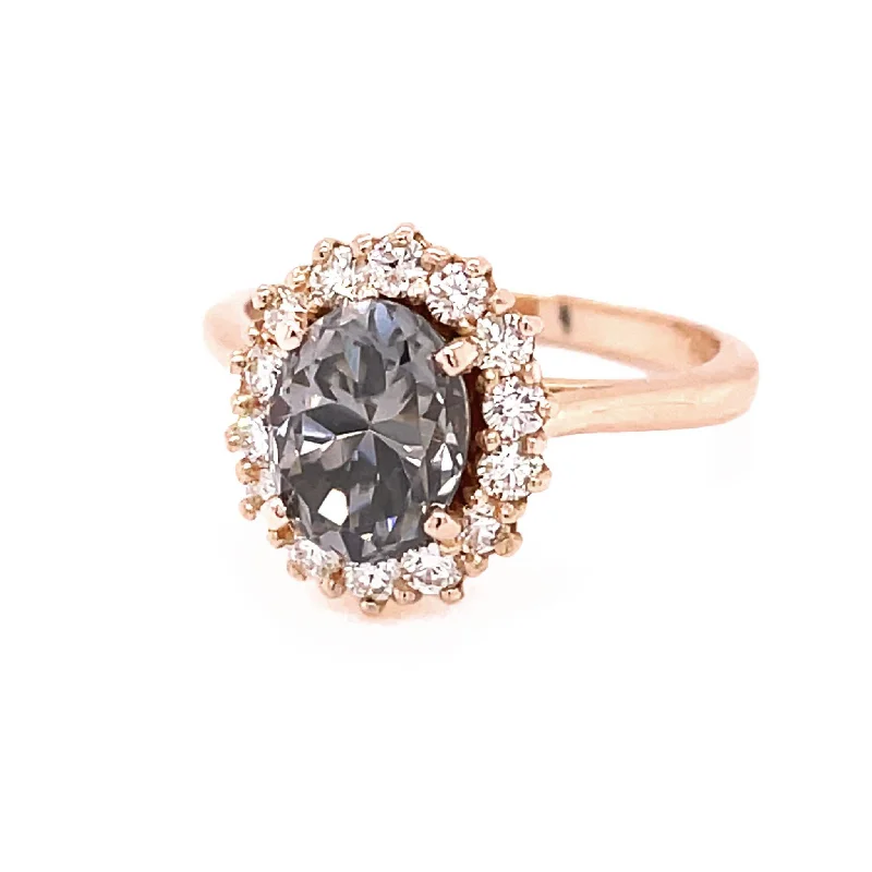 Gray Moissanite Oval Engagement Ring Vintage Inspired Halo Design