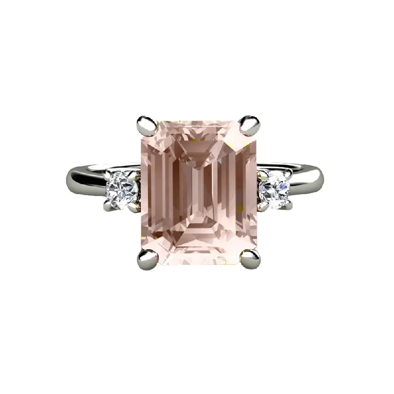 3 Stone Morganite Engagement Ring Emerald Cut with Diamonds