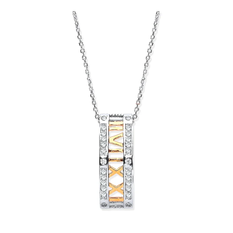 Roman Numeral Drop Pendant Necklace - Sterling Silver