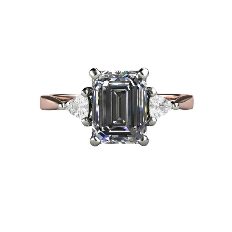 Gray Moissanite Engagement Ring Emerald Cut 3 Stone with Trillions