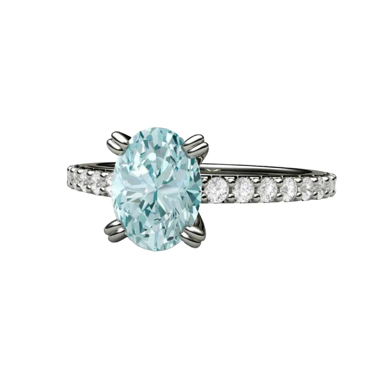 Oval Aquamarine Solitaire Engagement Ring with Pave Diamonds | Double Prong Set in Gold or Platinum