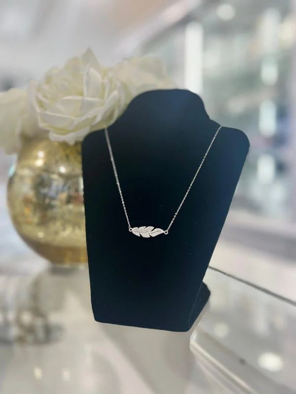 Feather Necklace with CZ - Sterling Silver