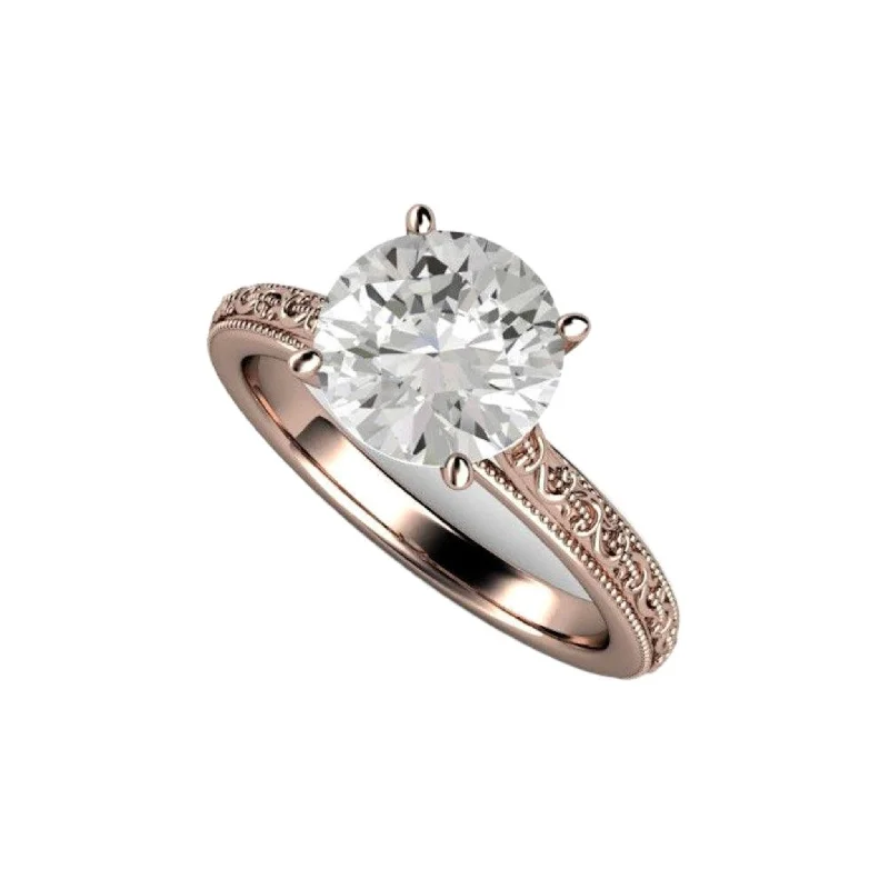 2ct Moissanite Engagement Ring | Vintage Inspired Solitaire with Milgrain and Filigree