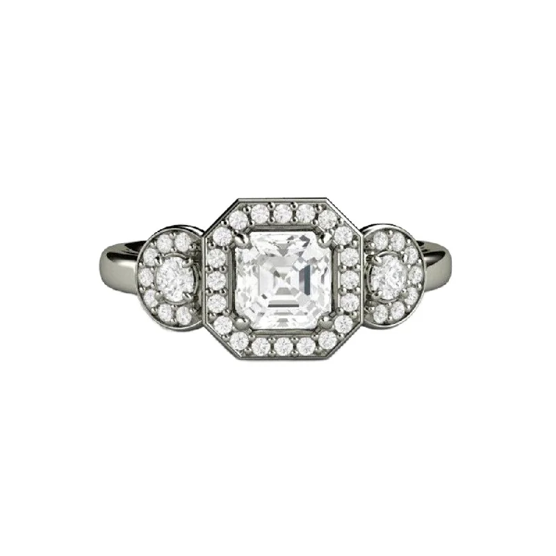 Natural White Sapphire Engagement Ring 3 Stone Asscher Cut Halo