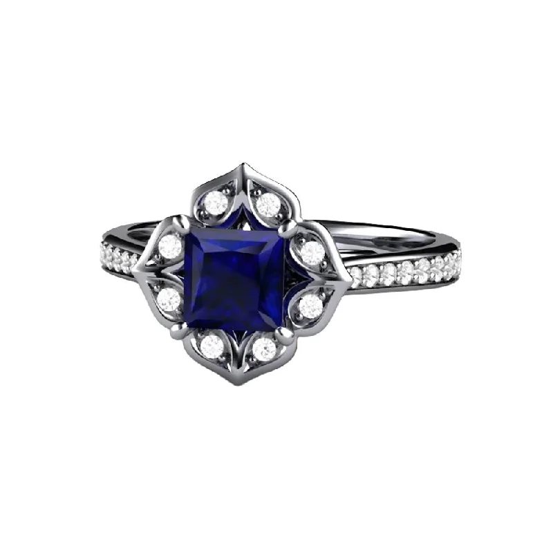 Art Deco Princess Blue Sapphire Engagement Ring Vintage Style