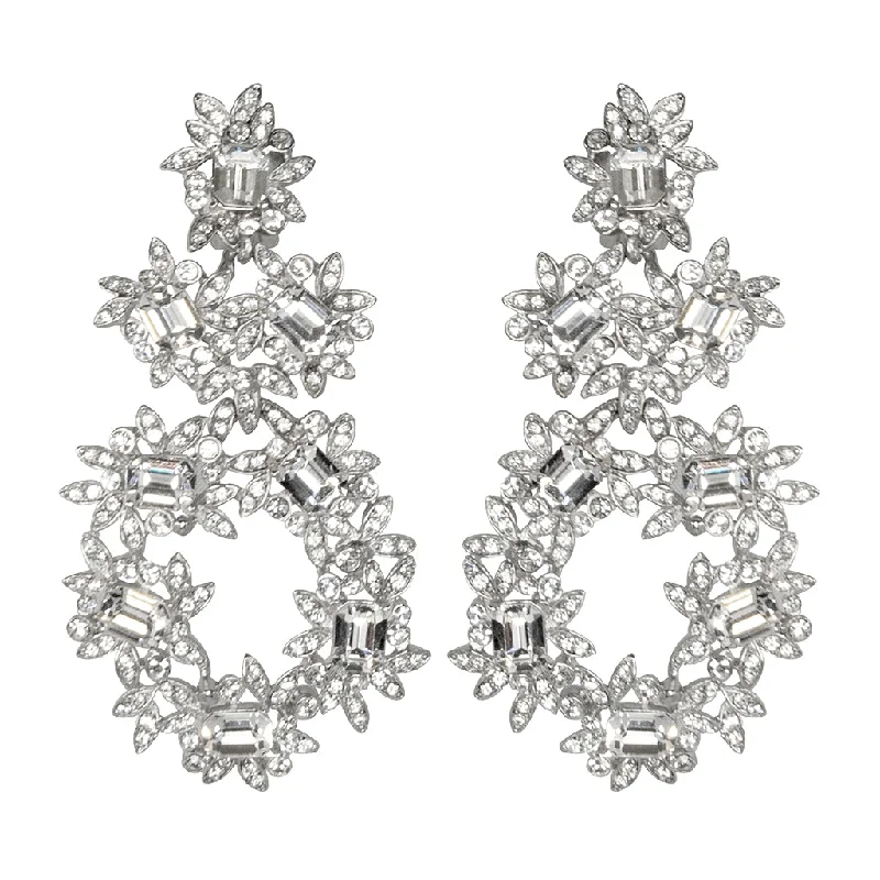 Silver & Crystal Flower Clip Earrings