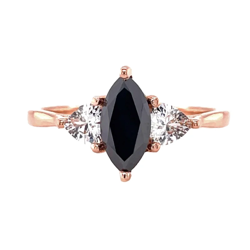 Marquise Black Diamond Engagement Ring Vintage Style 3 Stone