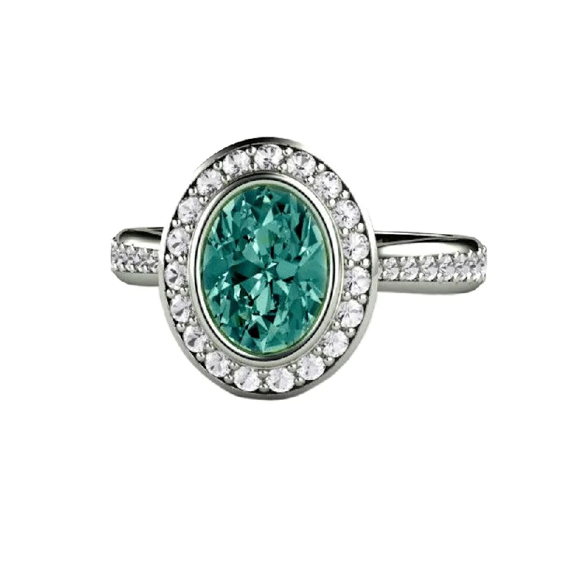 Blue Green Sapphire Engagement Ring Oval Bezel Diamond Halo