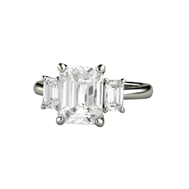 Three Stone Emerald Cut Moissanite Engagement Ring