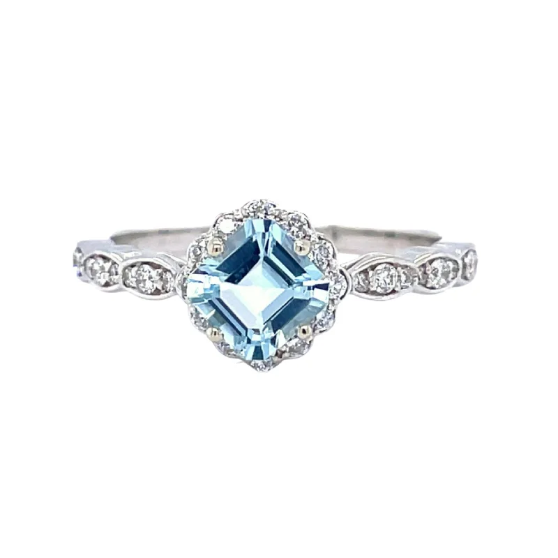 Vintage Aquamarine Engagement Ring | Asscher Cut with Diamond Halo