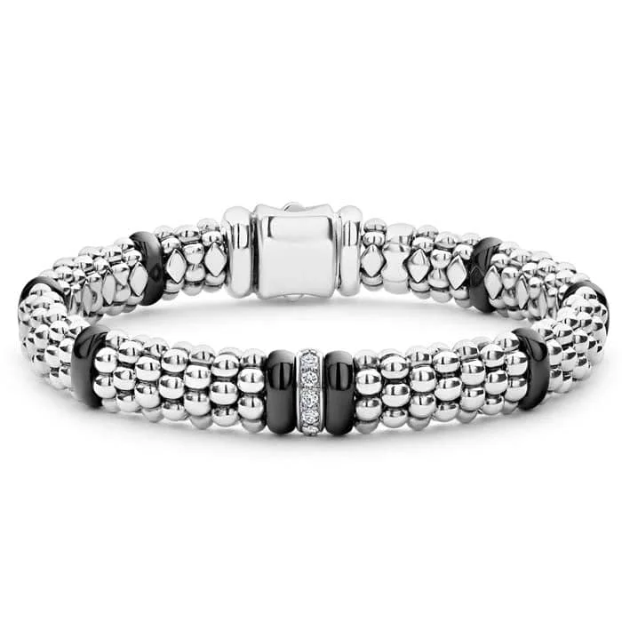 LAGOS Black Ceramic Caviar Single Station Diamond Bracelet in Sterling Silver