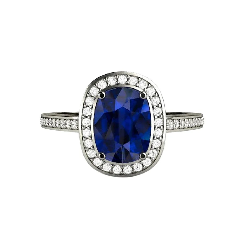 Blue Sapphire Engagement Ring Cushion Cut Diamond Halo