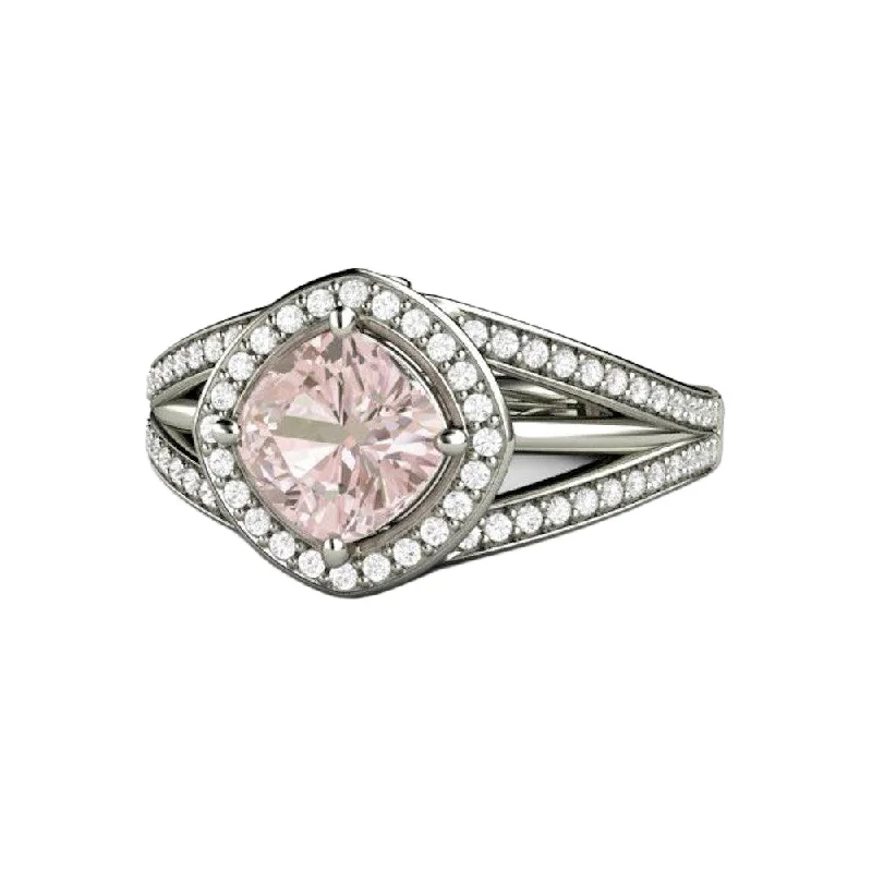 Pink Sapphire Engagement Ring Cushion Cut Triple Split Band