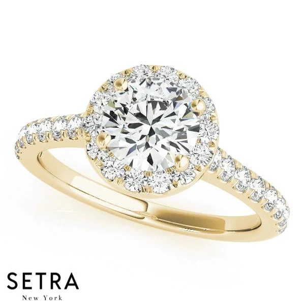 14K GOLD FINE HALO SEMI-MOUNT ENGAGEMENT ROUND CUT DIAMOND RING