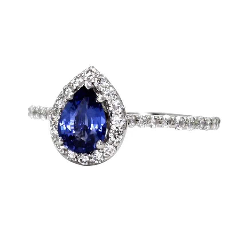 Natural Blue Sapphire Pear Engagement Ring with Diamond Halo