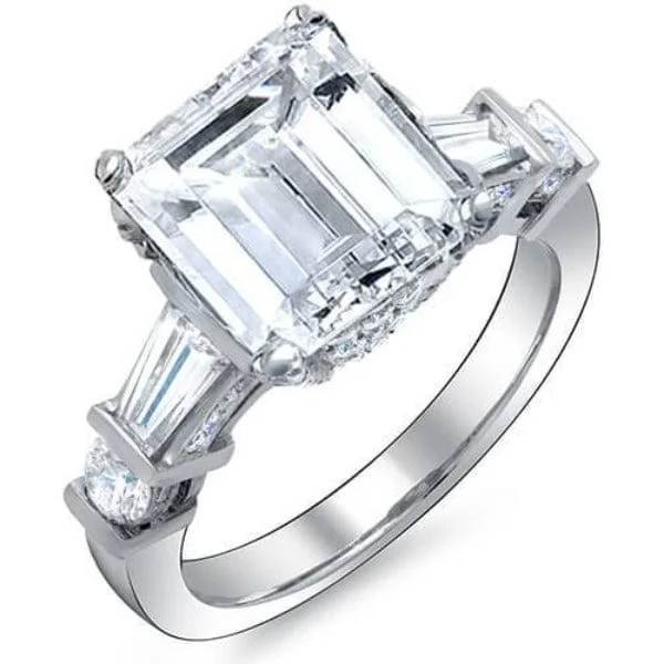 4.90 Ct Emerald Cut Hidden Halo Ring with baguettes H Color VS1 GIA Certified