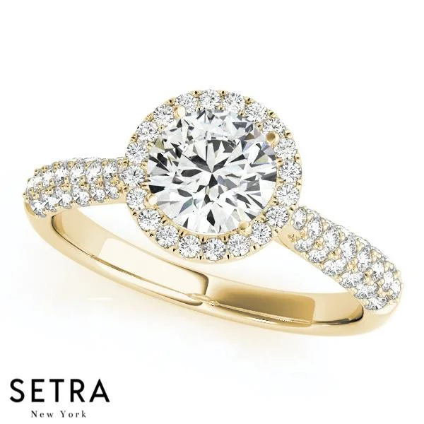 MICRO PAVE SETTING DIAMOND ENGAGEMENT MULTIROW ROUND HALO 14K GOLD RING