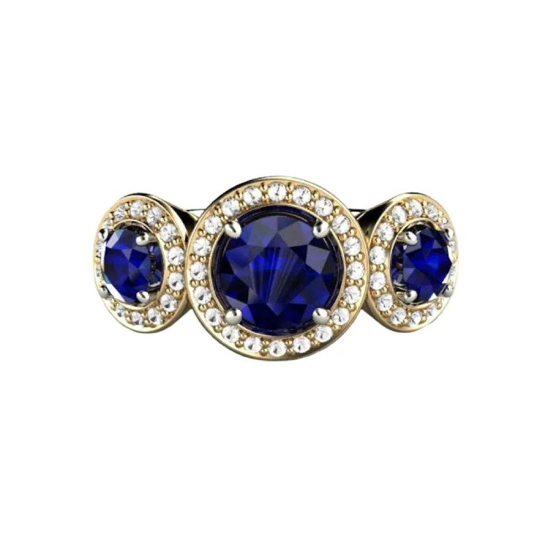 3 Stone Blue Sapphire Engagement Ring | Diamond Halo in Gold or Platinum