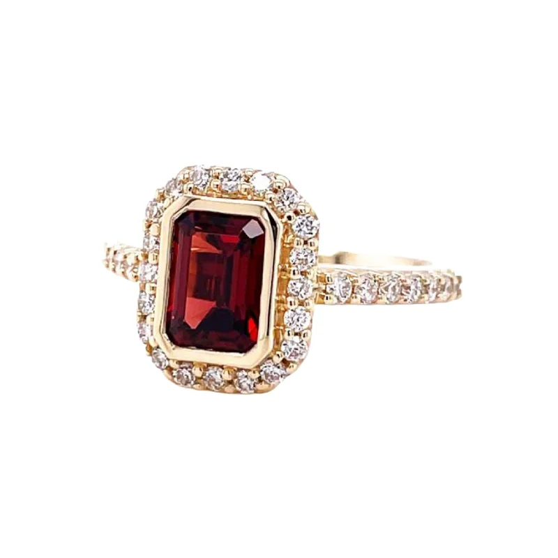 Red Garnet Engagement Ring Emerald Cut Bezel Set Pave Diamond Halo