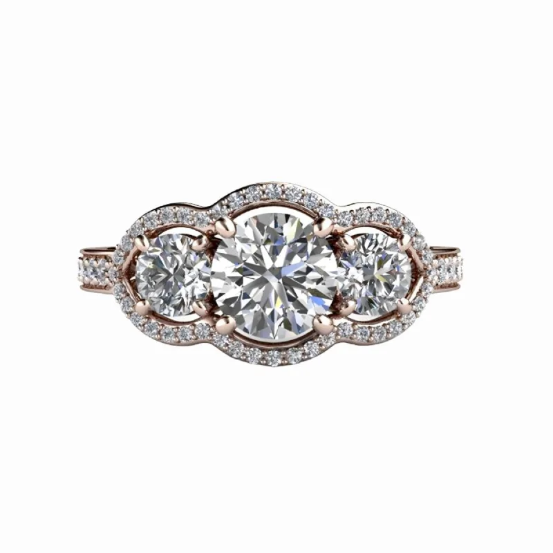 Vintage Inspired Moissanite Engagement Ring Three Stone Diamond Halo